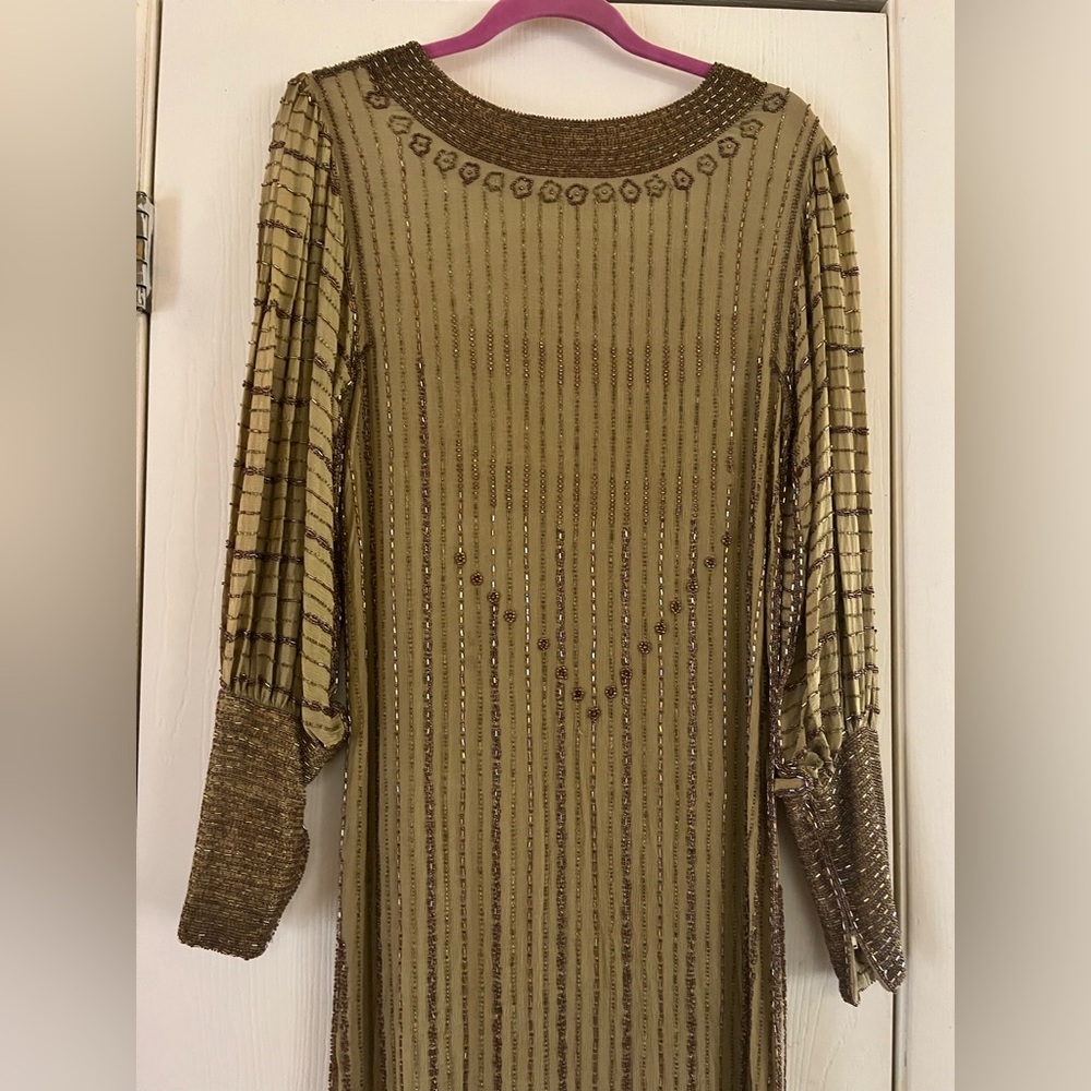 VTG 70s 20s flapper Silk balloon sleeve art deco dreamy beaded sheath dress M - Picture 11 of 13